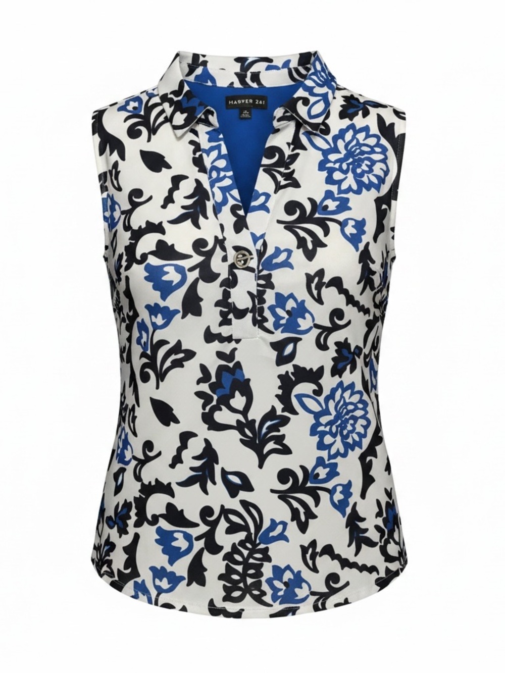 Hayden Blue, Black & White Floral Sleeveless Collared Top